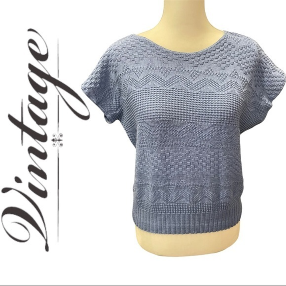Vintage Lightweight Knit Short-Sleeve Sweater - Blue